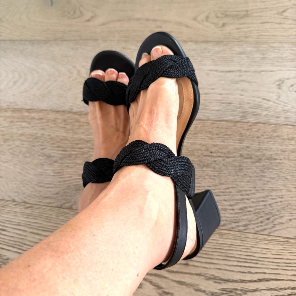 Alex Marie Devah Rope Braid Sandals, Women’s 9.5 Black, Chunky Heel, Ankle Strap